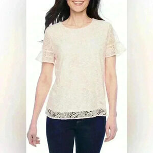 Liz Claiborne Career Petite Pink Floral Lace Lined Short Sleeve Blouse